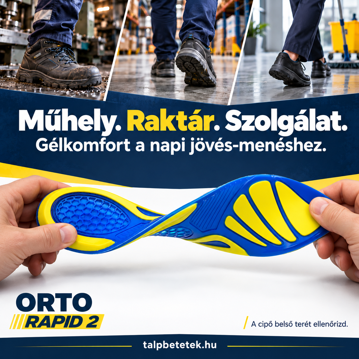 Rapid 2 rugalmas gél talpbetét munkacipőbe, kézi csavarással bemutatva