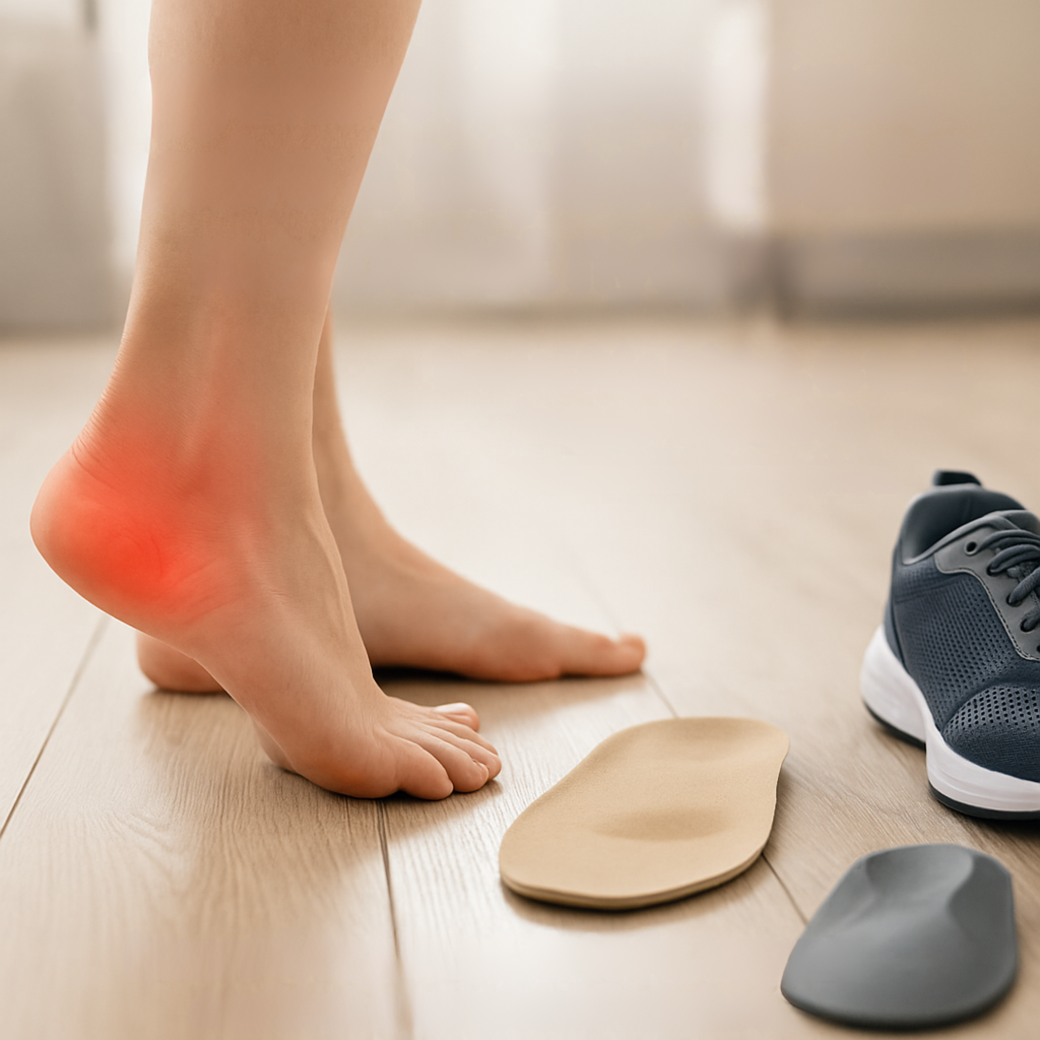 Egy pirosan jelölt fájdalmas sarokkal álló mezítlábas láb egy talpbetét és sportcipő mellett – a sarokfájdalom tipikus jele plantar fasciitis esetén.