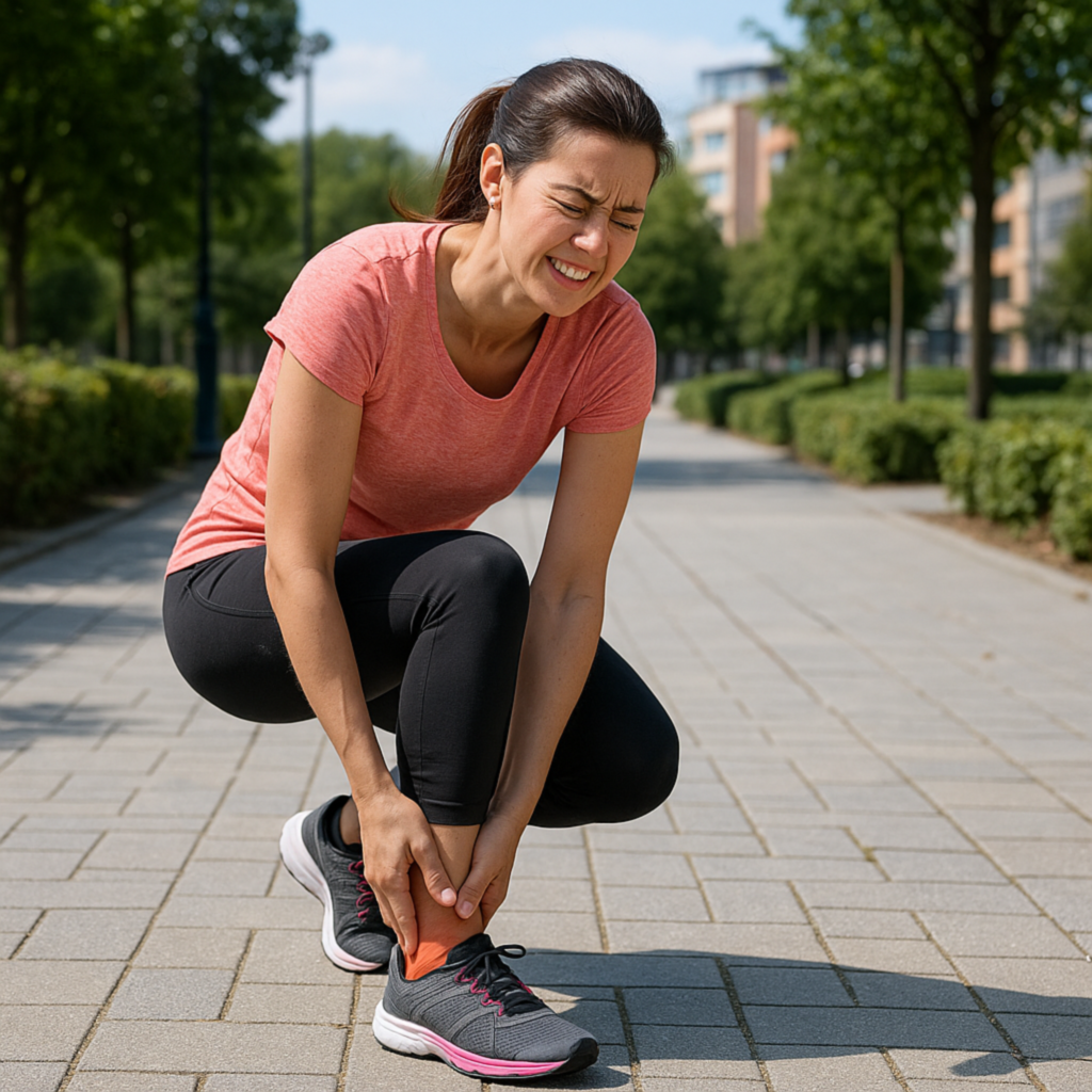 Fiatal nő talpi fájdalommal futás közben, plantar fasciitis tüneteivel