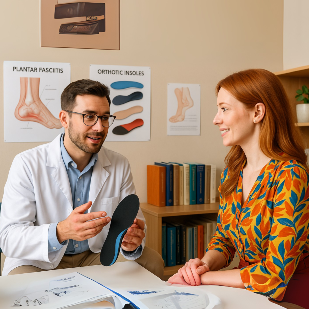 Ortopéd szakorvos segit elmagyarázni a hölgynek a különbözö lábproblémákat és megoldást találni milyen talpbetét lehet jó a hölgynek