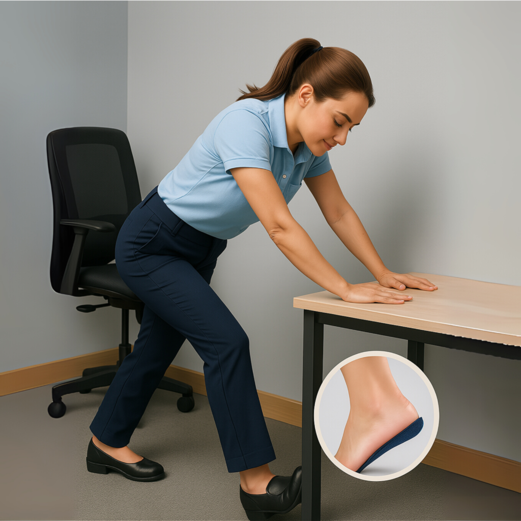 állómunka közben nyújtó gyakorlatot vegzö hölgy