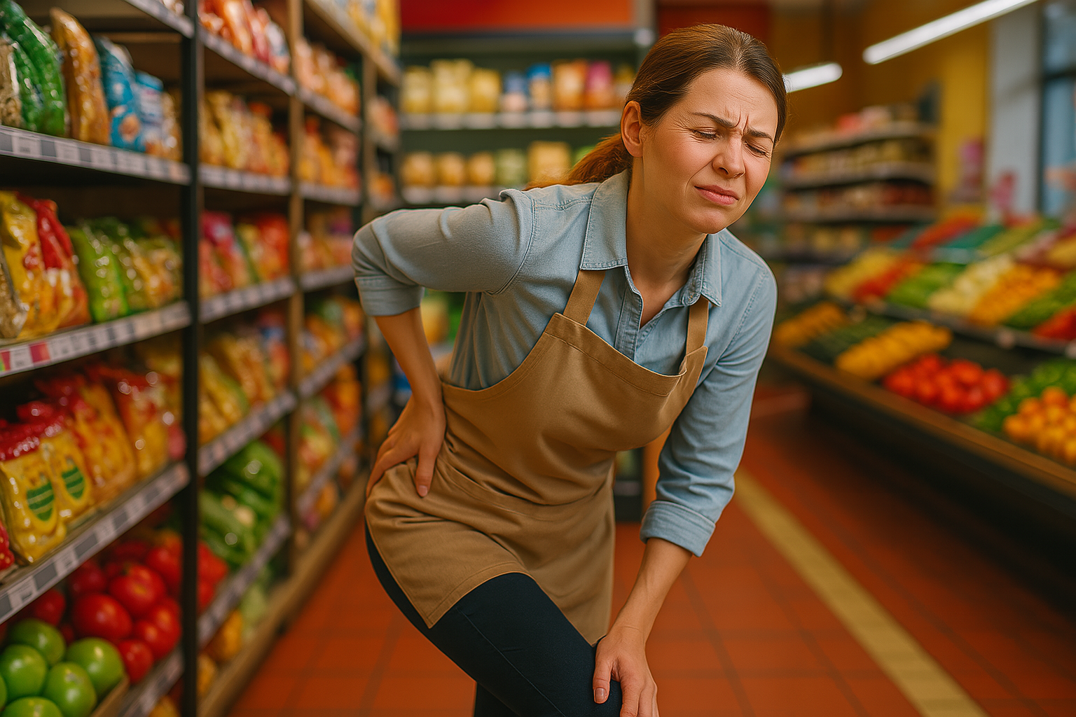 egy dolgozó, állómunkát végző nő láb- és derékfájdalommal