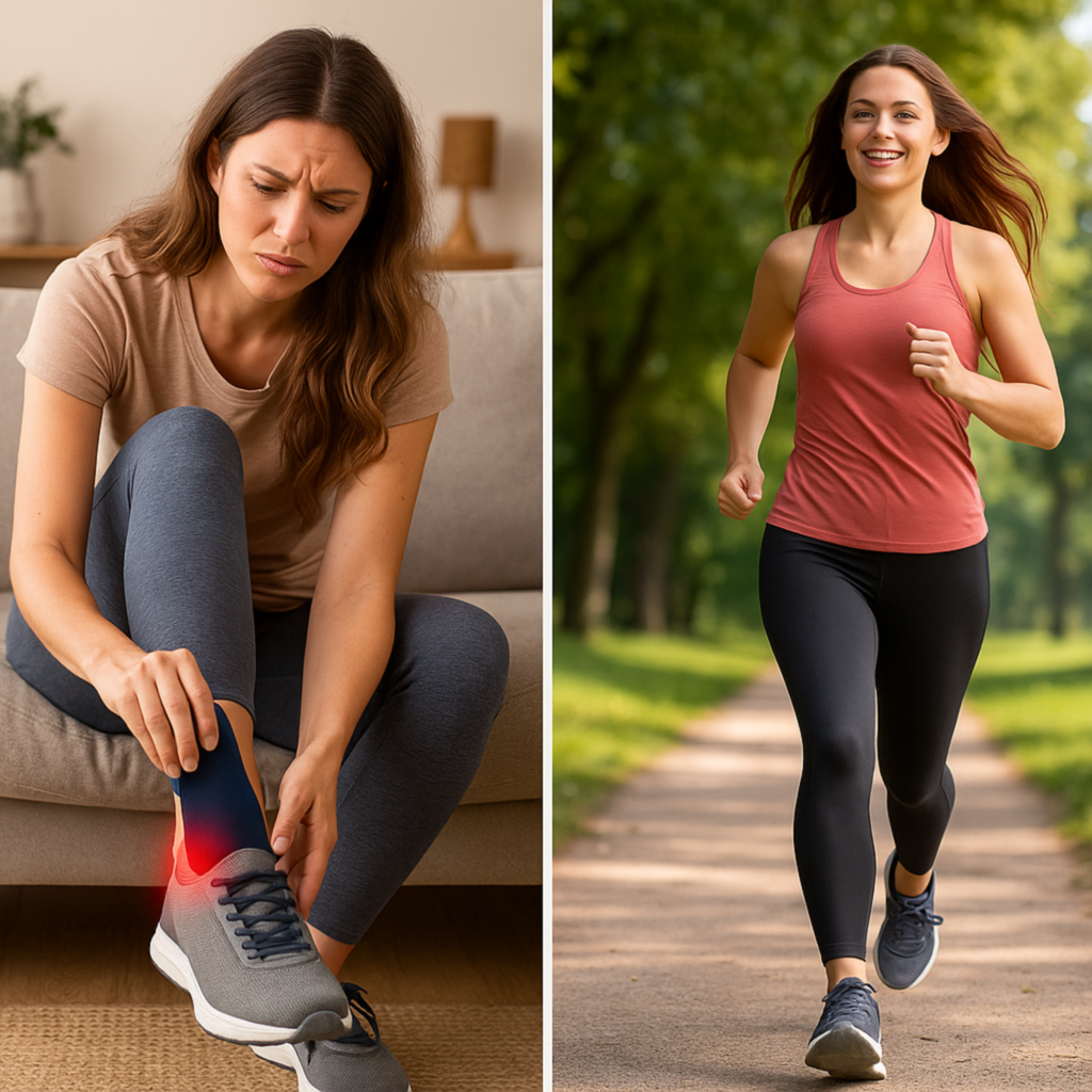 Előtte-utána képpár: bal oldalon egy fiatal, hosszú barna hajú nő otthon fájdalmas arccal tartja a sarkát és talpbetétet helyez a cipőjébe; jobb oldalon ugyanaz a nő boldogan fut egy zöld parkban, miután sarokfájdalma megszűnt a talpbetét használatával.