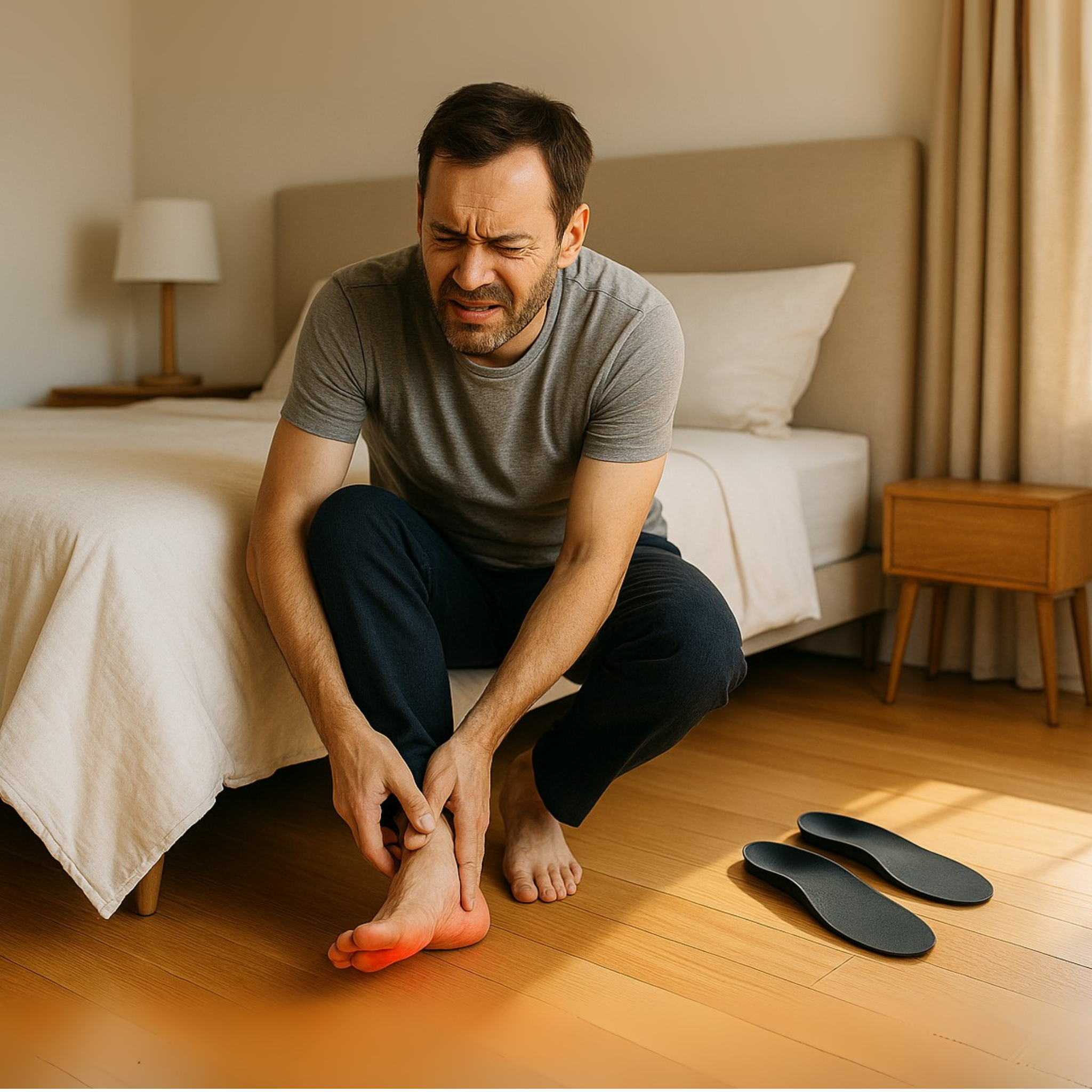 férfi talpi bőnye (plantar fasciitis) okozta sarokfájdalommal reggel
