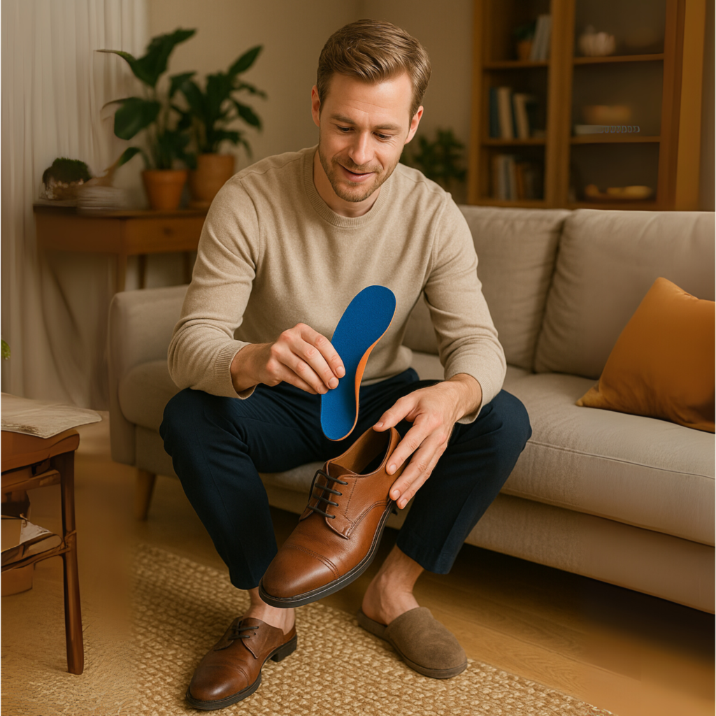 fiatal férfi otthon próbálja a megfelelö talpbetétet