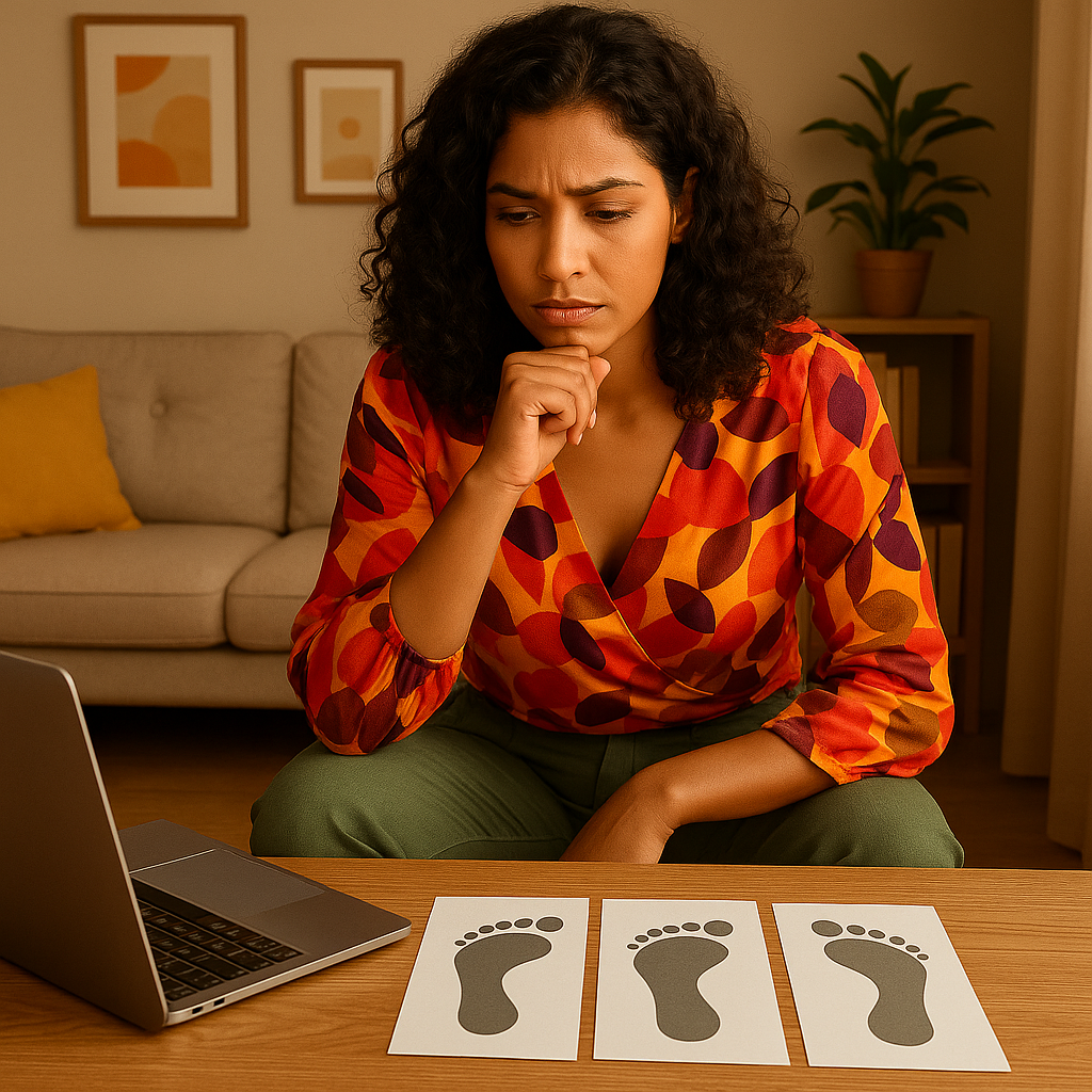 Egy sötétbarna, göndör hajú nő egy laptop előtt ül, és különböző lábnyomokat vizsgál az asztalon, miközben gondolkodva a lábproblémája okát keresi.