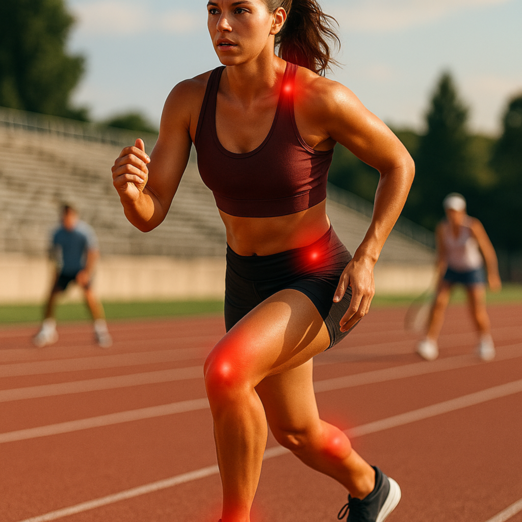 Profi sportolónő fut pályán, testén piros jelöléssel kiemelve a leginkább terhelt pontokat: váll, derék, térd, boka. Háttérben más sportolók is láthatók.