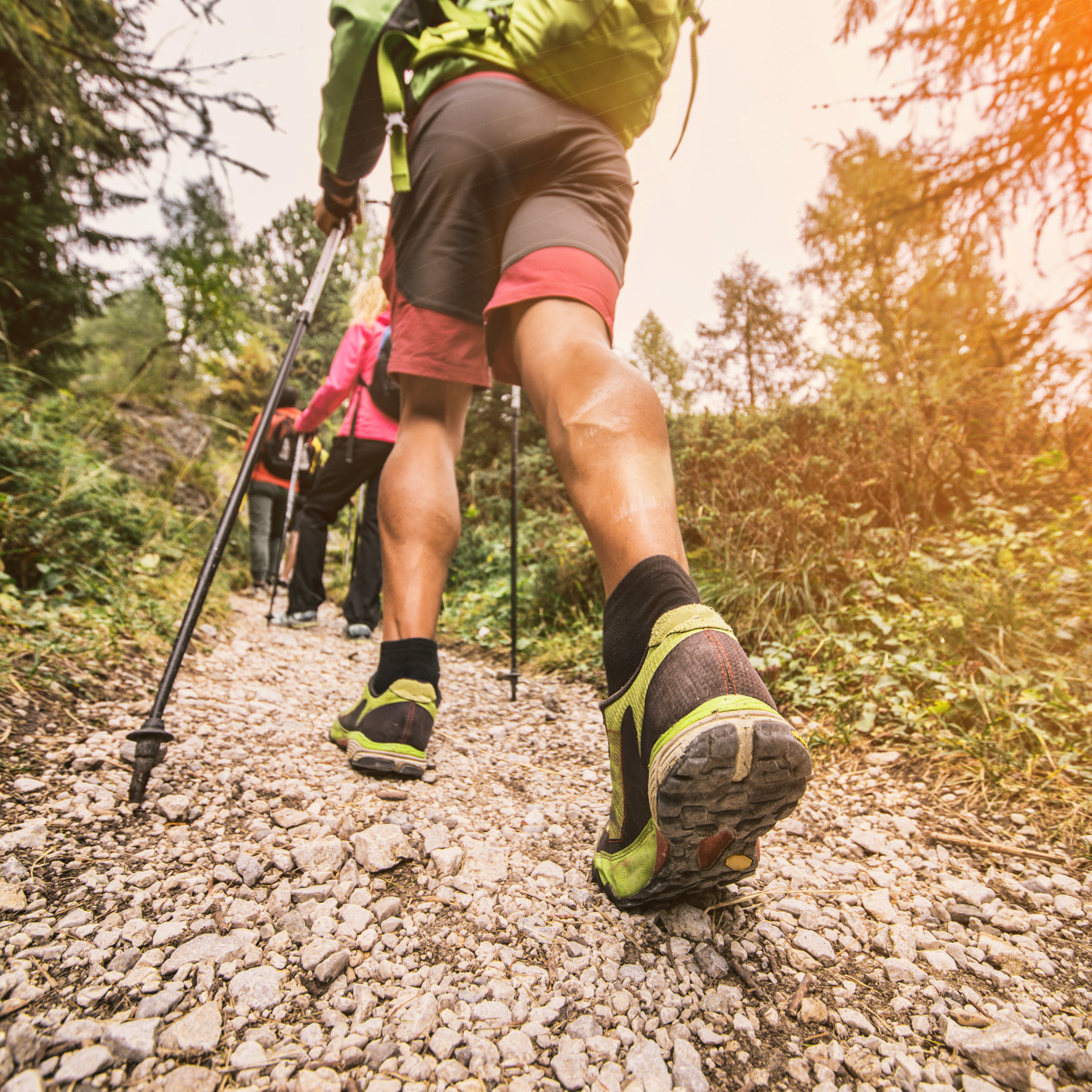 Túrázók köves erdei ösvényen haladnak, túrabottal és hátizsákkal – a lábuk nagy terhelésnek van kitéve.