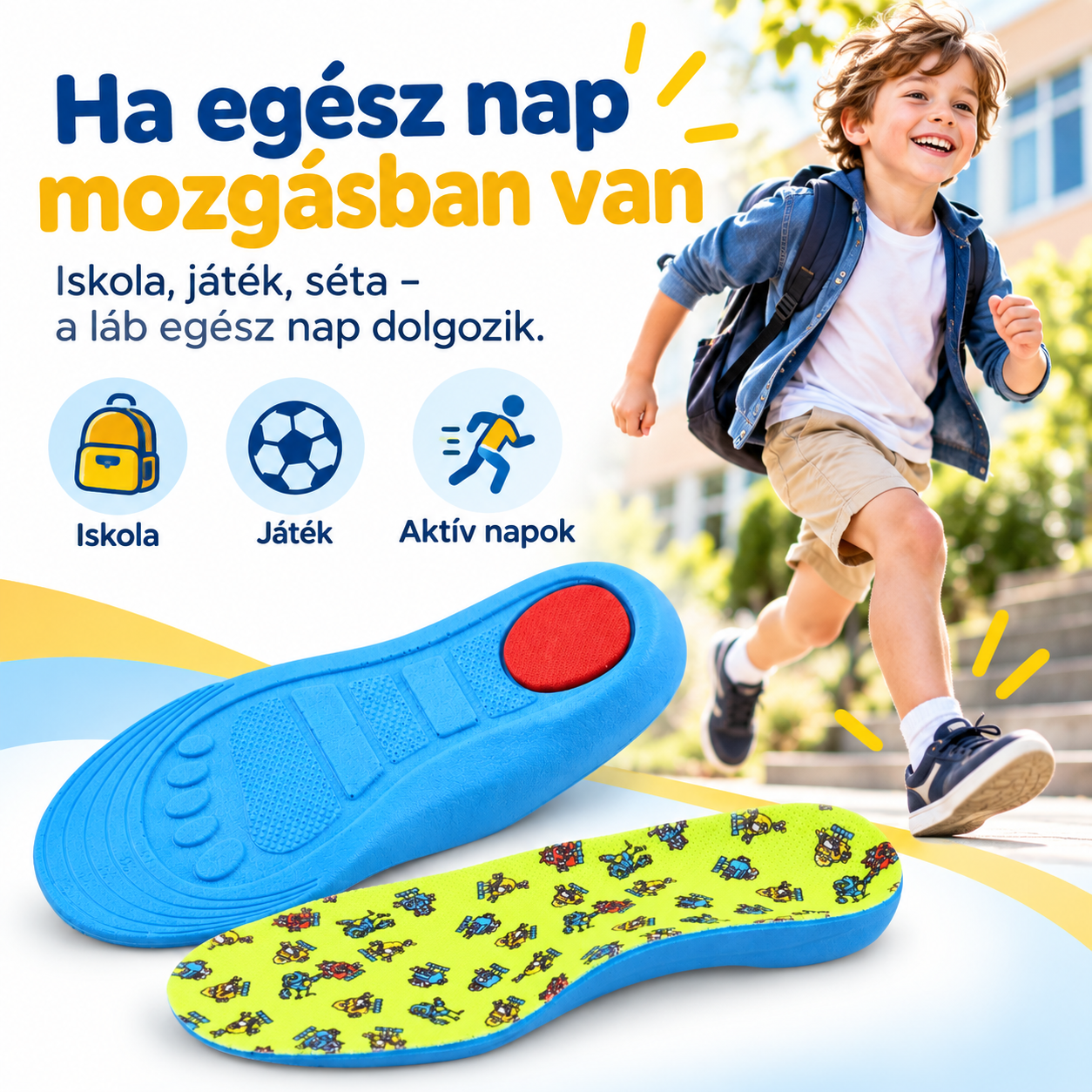 Aktív iskolás gyerek mozgás közben Orto Kiddo Active talpbetéttel